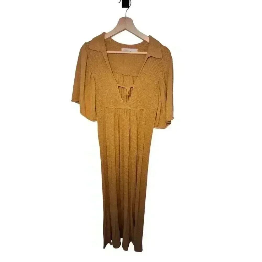 Free People Boho Mustard Knit Maxi Dress Beach Resort Cottagecore M - Picture 2 of 8